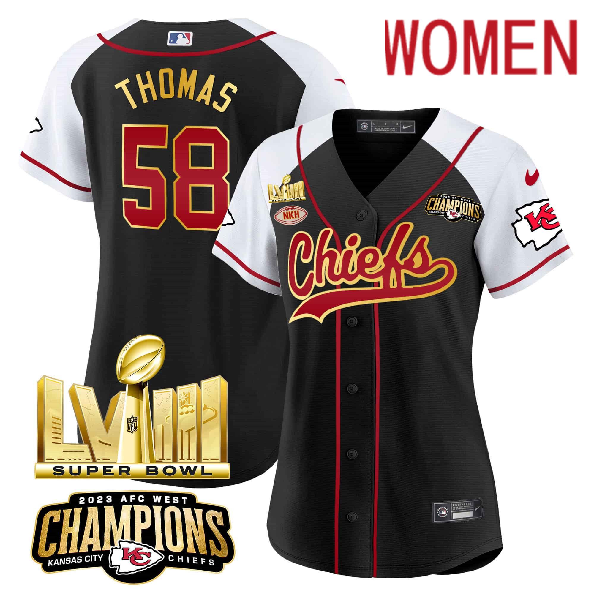 Women Kansas City Chiefs #58 Thomas Black 2024 Nike Super Bowl LVIII Back-2-Back Gold Patch Baseball NFL Jersey style 1->women nfl jersey->Women Jersey